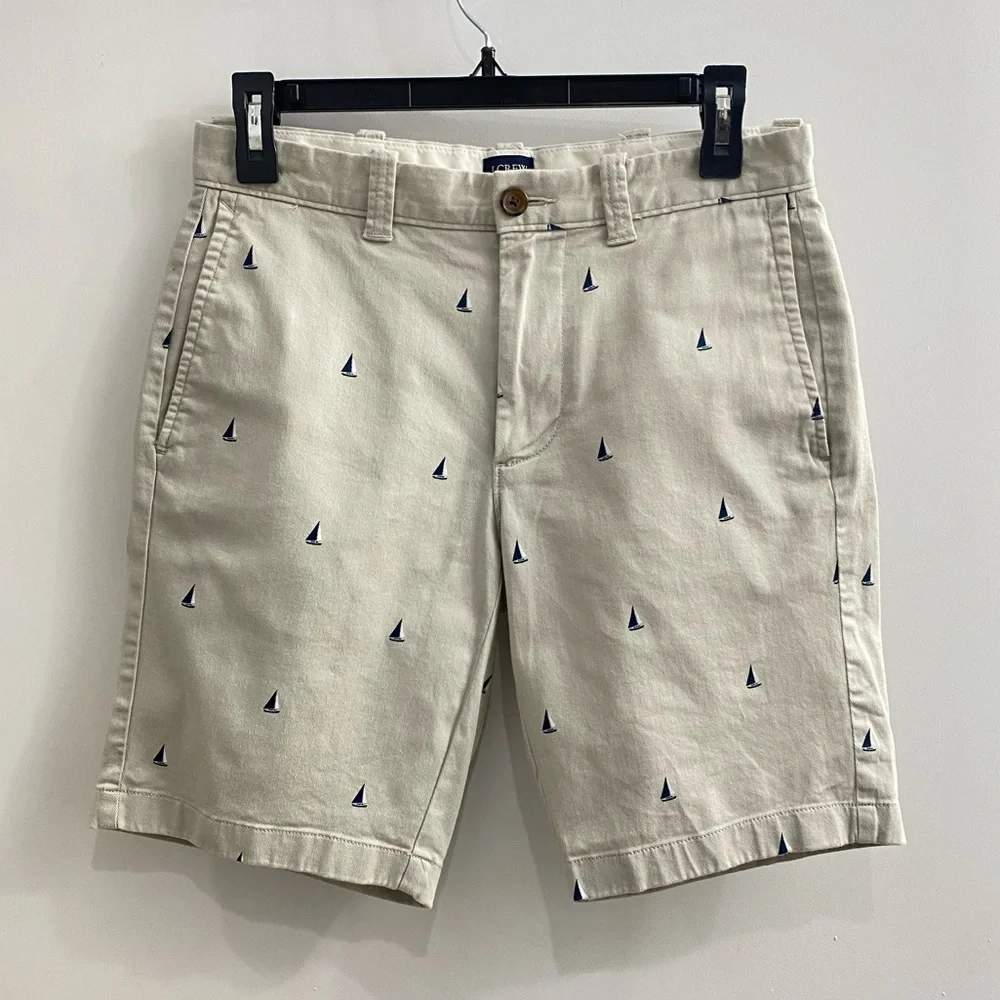 J CREW Men's Sailboat Prints Chinos Flat Front Casual Beige Shorts Size 28